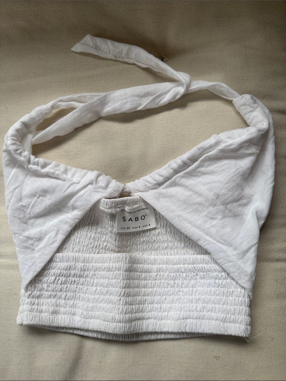 Sabo White Smocked Halter Crop Top